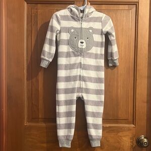 Gray and White Striped Fleece Bear Romper 18M